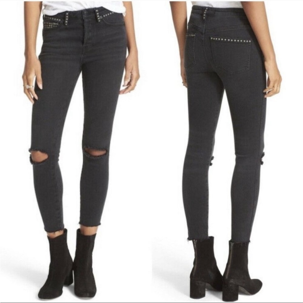 🦏Free People Studded Skinny Distressed Stretch Denim Jean black size 26 NWOT